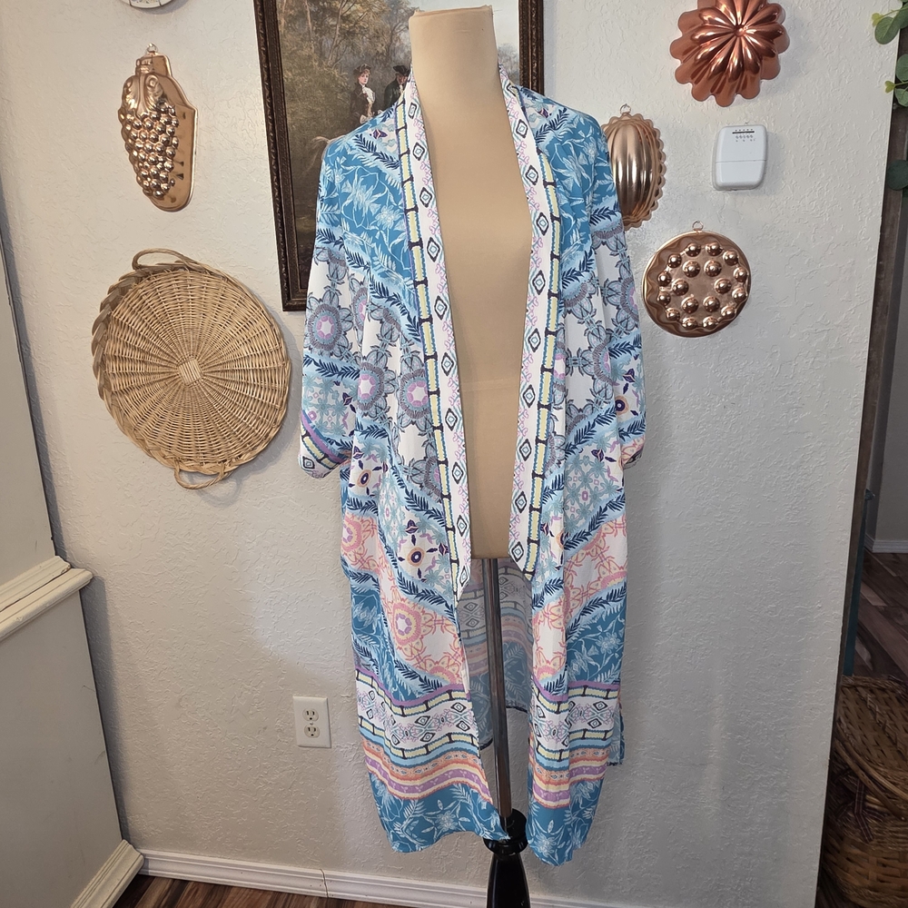 Umgee Blue Floral Boho Beachy Coastal Cowgirl Kimono Swim Cover-Up Size Small